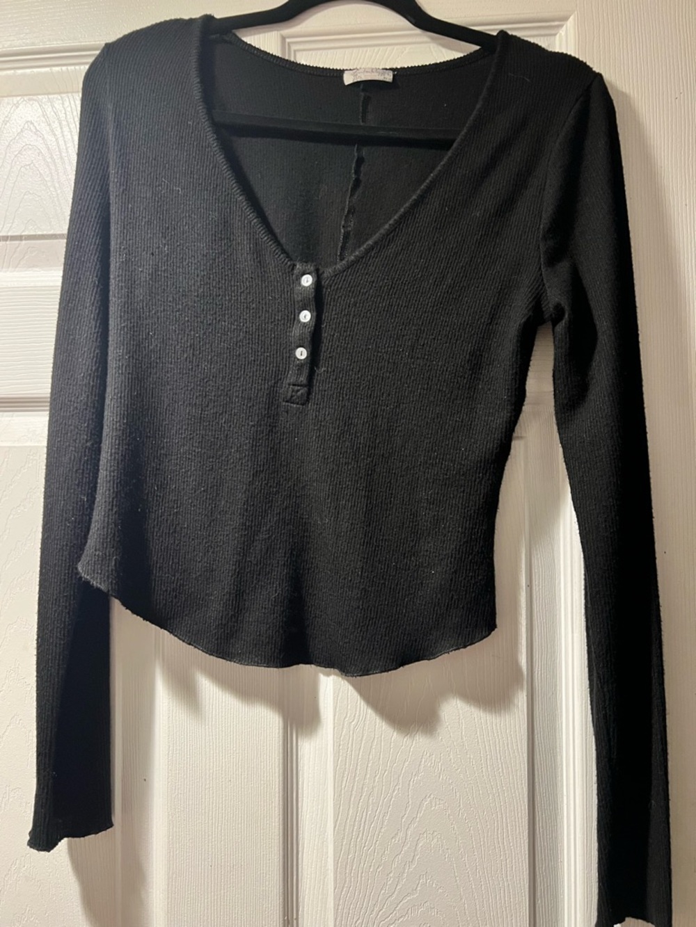 Free People Black Ribbed V-Neck Henley Long Sleeve Top